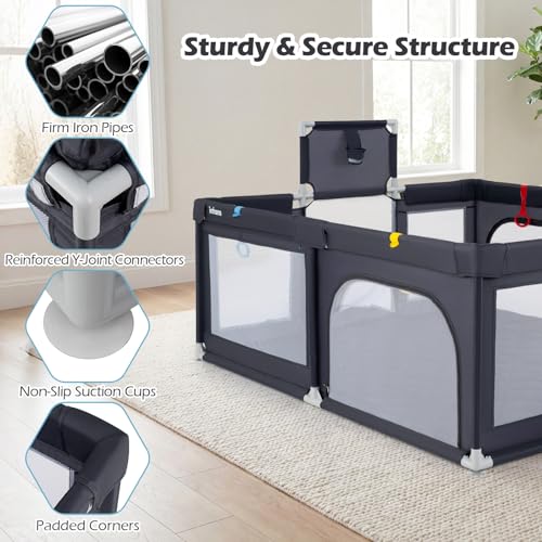 INFANS 74\" x 62\" Baby Playpen with Soft Mat, Basketball Hoop, 2 Soccer Goals, 4 Handles & 50 Ocean Balls, Breathable Mesh, Large Play Yard for Toddlers (Grey Black)