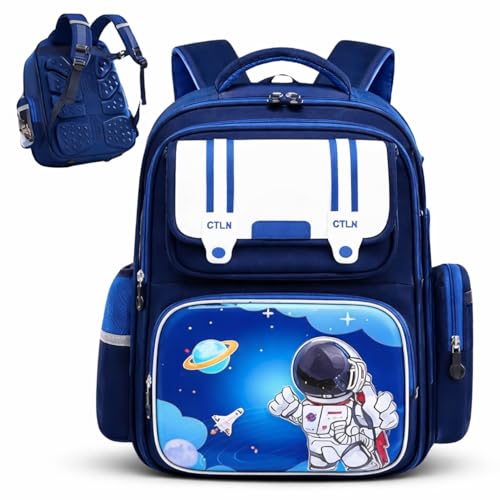 Mochila Escolar Ortopedica Infantil Astronauta Impermeavel Espaçosa Menino Ótimo Acabamento Costura Reforçada Alta Durabilidade Proteção Lombar (AZUL)