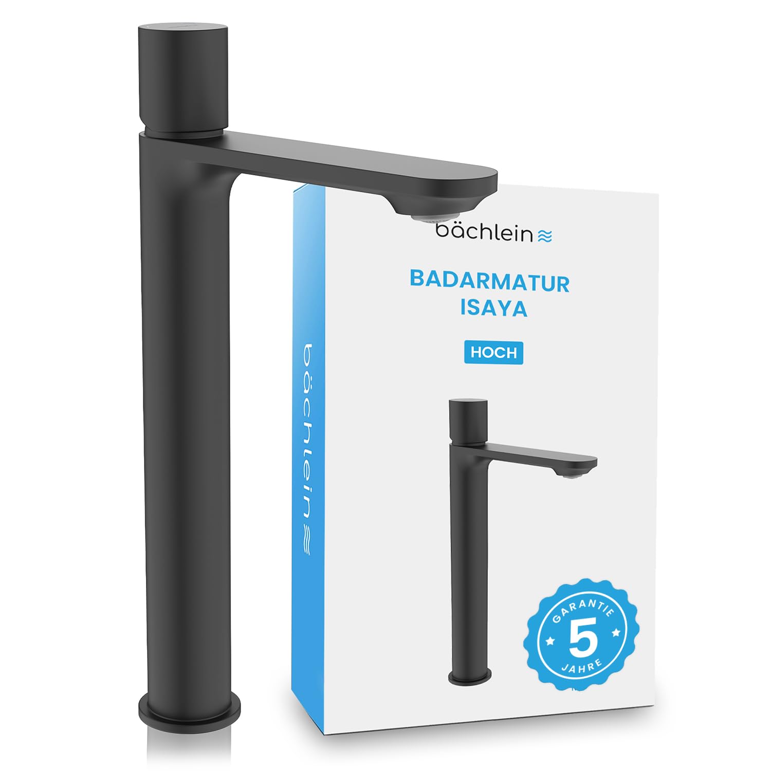 Bächlein Badarmatur Isaya hoch in modernem Design, extra hoher Einhebelmischer mit langlebiger Keramikkartusche und Montage-Set, Bad Wasserhahn Schwarz Matt
