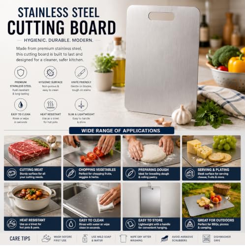 Image of 3 Kitchen Knife Set with Steel Cutting Board & Sharpener | Kitchen Knives Black Coted Stainless Steel Blade With Covers | 3 Slots Knife Sharpener | Food Grade Steel Chopping Board for Meat and Veggis