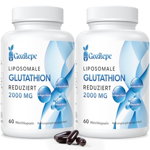 Liposomal Glutatión Reducido 2000 mg por porción | Suplemento de Glutatión con ácido Hialurónico + Péptido de Colágeno + Resveratrol para un Poderoso Antioxidante (60 unidad (Paquete de 2))