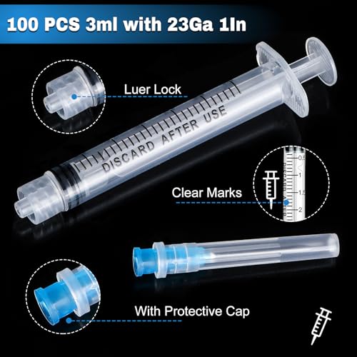 Image of 100 Pack 3ml Syringes with Needle-23Ga 1 Inch Needle with Luer Lock, Individually Sealed Packaging