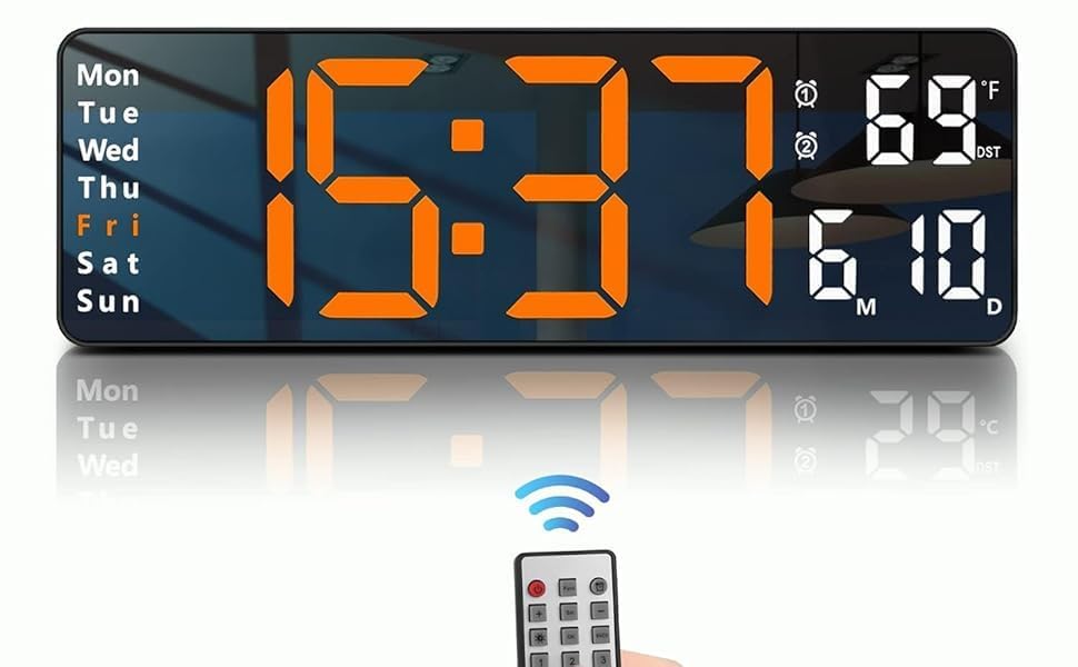 Image of 15-Inch Digital Wall Clock with Large LED Display - Remote Control, Auto-Dimming, Night Light, Date, Day, Temperature, DST Function - Ideal for Living Room, Bedroom (Orange & White)