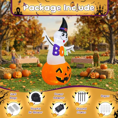 6 FT Halloween Inflatable Ghost Pumpkin with Witch Hat & Boo Sign - image 5