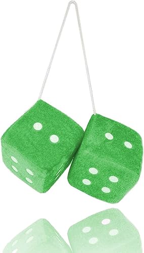 Par de dados de felpa peludos de 2.75 pulgadas de color verde con puntos blancos clásicos vintage dados nostálgicos de los años 80 para espejo para