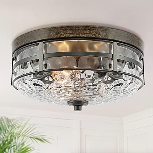 Optimant Lighting Farmhouse Flush Mount Ceiling Light, Water Ripple Glass Light Fixtures with Faux Wood and Black Finish for Hallway, Bedroom, Kitchen, Foyer and Dining Room