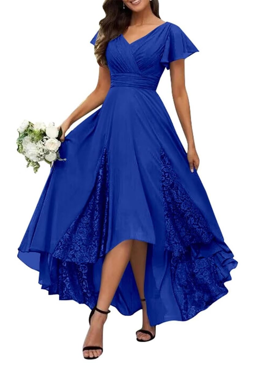 KURFACE Royal Blue Bridesmaid Dresses with Sleeves Tea Length Mother of The Bride Petite Formal Wedding Guest Dress UK22