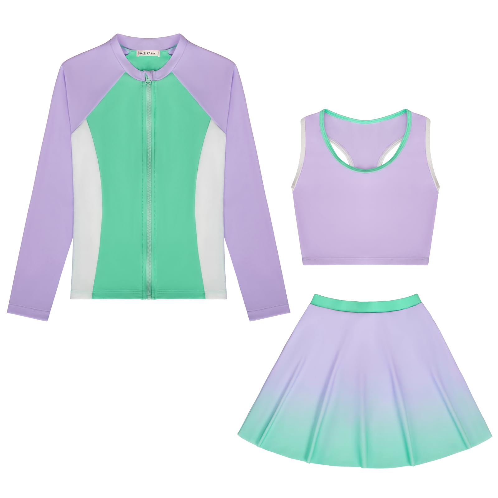 GRACE KARIN Maillot de bain Rash-Guard pour fille - 3 pièces - Maillot de bain 3 pièces - Tankini - Costume de natation pour enfant