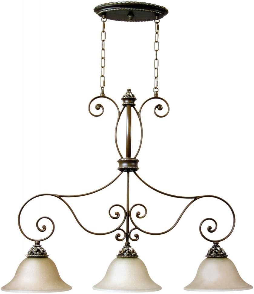Three Light Aged Brz/vintage Madera Tea-stained Glass Island Light 7534AGVM3