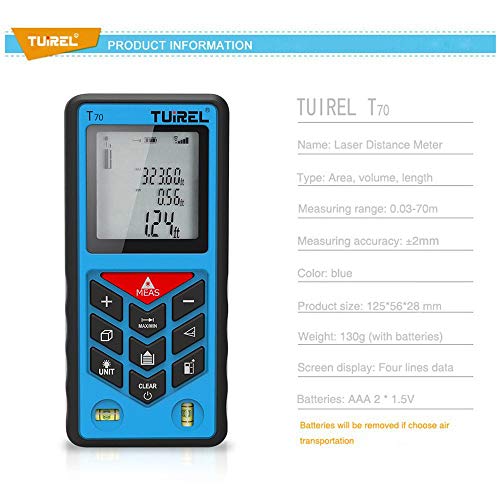 Laser Distance Measurer,Tuirel T70 Laser Tape Measure 70m/229ft/2755in with 2 Bubble Levels Pythagorean Mode and Area, Volume Calculation and Range Finder