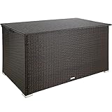 MATERIALES DE GRAN CALIDAD: Con este baúl inoxidable de almacenaje de tectake, dotado con un fino trenzado de polirratán resistente y una estable estructura de aluminio, tu jardín estará siempre ordenado.