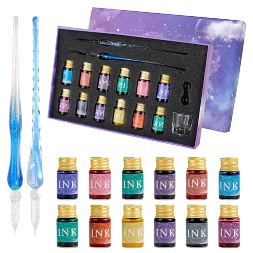 Glass Dip Pen Ink Set, 16pcs Calligraphy Fountain Pens Set, 2 Crystal Glass Pen, 12 Gold Powder Drawing Ink Drip Tool for Writing Signatures Art, Calligraphy Kit for Beginners