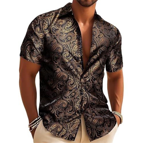 Camisa para hombre, corte regular, bordado elegante, camisa de negocios, corte cómodo, camisa de manga corta, jacquard, negocios, boda, informal, vintage, blusa para oficina y eventos, marrón, XXL