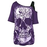 One Shoulder Shirt Damen Totenkopf Motiv 3D T-Shirt Damen Skelett Shirt Bluse Mode One Shoulder Tshirt Hemd Sommer Frauen Hemdbluse Tunika Lose Longshirt Oberteile Tops Loose Fit