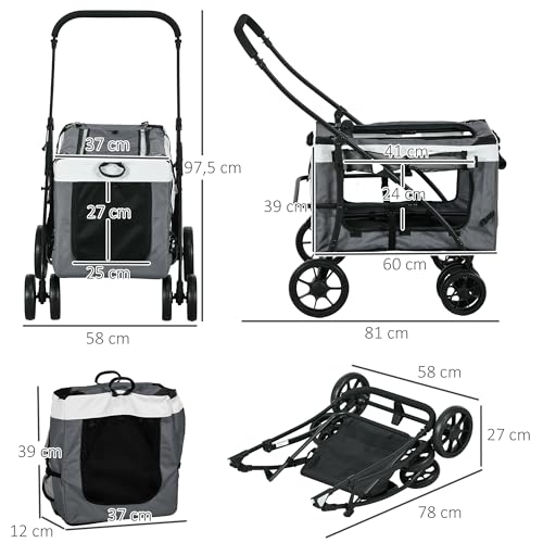 PawHut 2 in 1 Hundewagen Hundebuggy klappbar für Hunde & Katzen bis 10 kg Katzenbuggy mit Kissen Netzfenstern Türen Aufbewahrungskorb Katzenwagen Buggy Grau