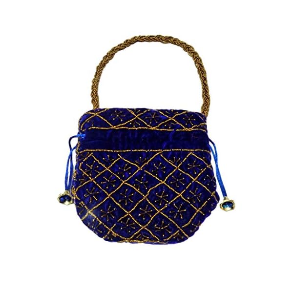 athizay Velvet Potli Bag with Drawstring Closure Having Golden Work with Moti Beaded Handle - Image 3