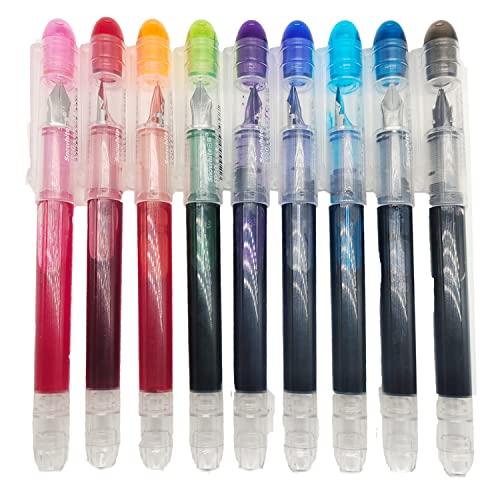 iHMeiju Juego de 9 plumas estilográficas desechables, bolígrafos estilográficas de tinta de colores para escribir, escritura suave, caligrafía y garabateos, 9 colores básicos.