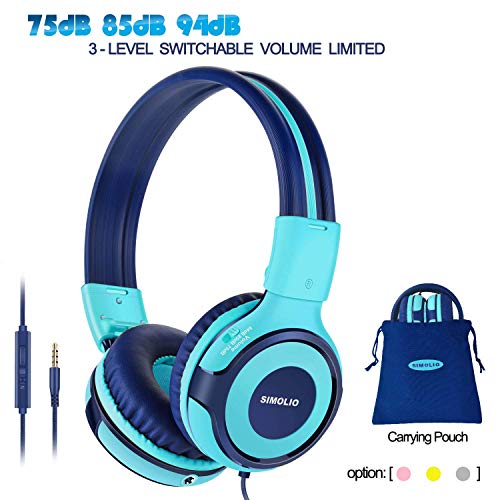 SIMOLIO Foldable Headphones for Kids with Mic, 94dB-85dB-75dB Kid Headphone with Share Port