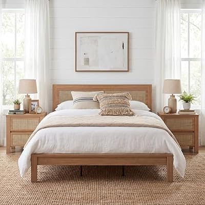 XIAO WEI Boho King Wood Bed Frame with Tall Rattan Headboard, Wooden Support Slats, Noise-Free, No Box Spring Needed/Easy Assembly/Under Bed Storage