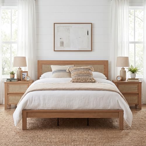 XIAO WEI Boho King Wood Bed Frame with Tall Rattan Headboard, Wooden Support Slats, Noise-Free, No Box Spring Needed/Easy Assembly/Under Bed Storage