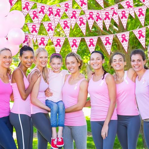 Image of 100 FT Breast Cancer Awareness Decorations, 3 Pack Pre-assemble Pink Ribbon Pennant Banner Flags, 60 PCS Plastic Pennants Flags Indoor Outdoor Party Supplies Home Office Ceiling Wall Hanging Decor