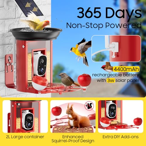 Metal Bird Feeder with Camera,Camii 3-in-1 Birdfeeder AI Identify 2k Camera Species Solar Power Auto Capture Bird & Motion Detection for Video Camera Bird Feeders for Bird Lovers - Image 6