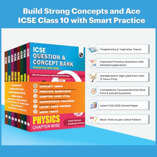 Image of PW Class 10 ICSE Question & Concept Bank 2027 Physics, Chemistry, Maths, Biology, English Paper 1 (Language), English Paper 2 (Literature), Geography, History and Civics Combo Set of 8 Books