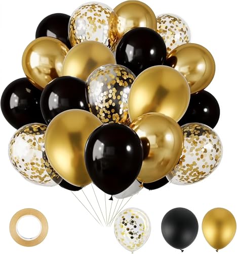 50 balões pretos e dourados, 30 cm de látex preto, dourado metálico e balões de confetes pretos e dourados com fita, decoração para festas de aniversário, casamentos, festas infantis e baby showers