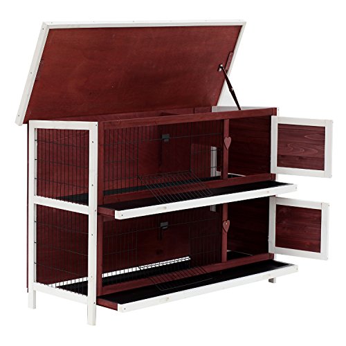 PawHut Clapier sur Pieds Cage à Lapin Double Niveau Plateaux excréments coulissants 4 Portes verrouillables Toit ouvrant 136L x 50l x 93H cm Rouge Brique