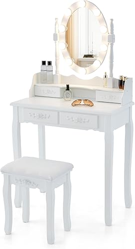 GOFLAME Juego de mesa de tocador con espejo giratorio iluminado, tocador con luces de 3 colores y brillo ajustable, escritorio de maquillaje con