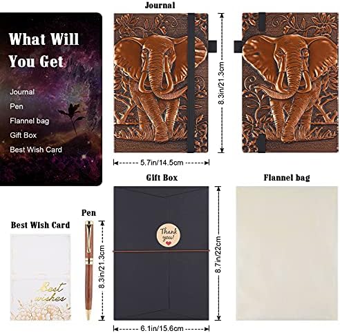 Leather Writing Journal Vintage Notebook with Pen, Embossed Elephant Daily Notepad Diary with Lined Page, Cool Journal Gift for Women Men to Write in,200pages 8.3 x 5.8in (A5 RedBronze)