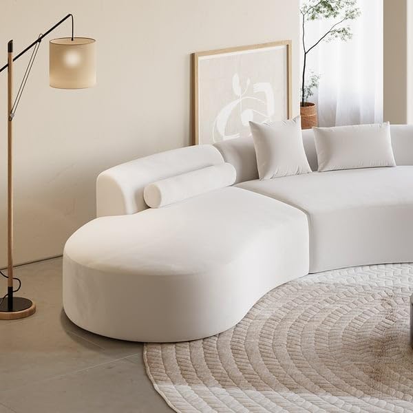 Image of Modern Velvet Living Room Interior Curved Style chesterfiled Sofa Lounger 2-Pieces Sofa with Included Pillows (Cream)