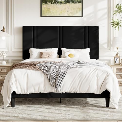 Allewie Full Size Platform Bed Frame with Adjustable Headboard Plush Velvet Upholstered Vertical Channel Tufted Sturdy Wooden Slats No Box Spring Needed Easy Assembly Black