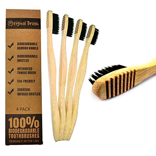 Original Brush - Biodegradable Toothbrushes With A Built In Tongue Brush & Soft Biodegradable Bristles. 4 Pack of Zero-Waste, Compostable Tooth Brushes.