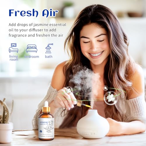 Image of HIQILI Jasmine Essential Oil, for Diffuser, Hair, Skin, Perfume Making | Soft Floral Scent for Massage, Nourish Hair & Complexion, Ideal for Diffuser & DIY Perfume - 30mL / 1 Fl Oz