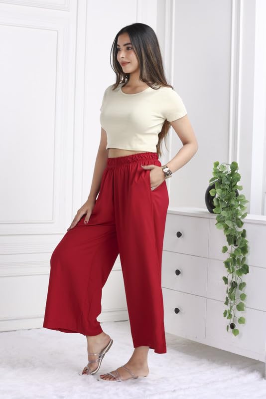 Image of Mlada Rayon Palazzo Pants for Women | Palazzo Pant for Women | Palazzo for Office Wear | Mid Rise Palazzo Pants | Regular Fit Palazzo Pants for Women | Relaxed Palazzo Pants | Solid Palazzo Pants