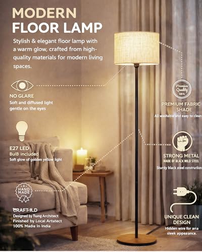 Image of Homesake Rustic Wooden Floor Lamp for Living Room Decorative Night Standing Modern Antique Industrial Vintage Minimalist Side Lamp, Corner Stand Light| Bedrooms | Office (Wooden Base Beige)