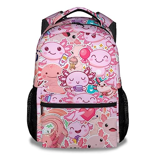 Axolotl Backpack for Girls Boys, 16 Inch Cute Bookbag with Large Capacity, Durable Lightweight Travel Laptop School Bags with Adjustable Straps