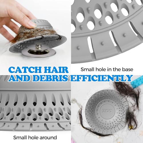 Image of zaa 5 Pcs Bathtub & Shower Drain Hair Catcher, 2 Pack Silicone Collapsible Drain Protector and Drain Cover with 3 Snake Drain Clog Removers, for Pop-Up and Regular Drains of Tub, Shower, Bathroom