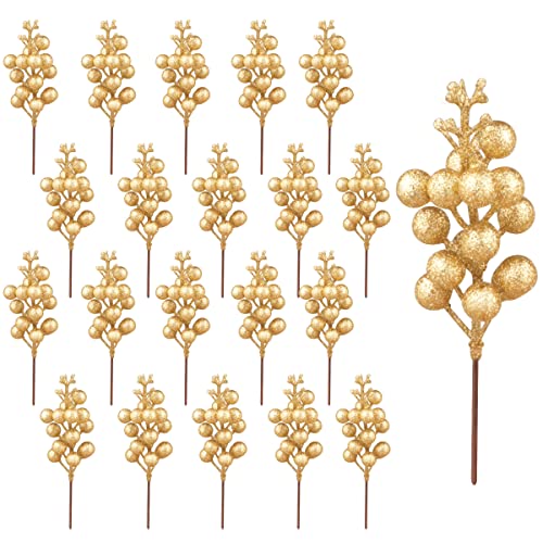 Jangostor 20 Piezas Decoración de Bayas,Palillos Artificiales de Bayas Acebo Bayas Ramas Tallos de Bayas navideñas para el árbol de Navidad Temporada de Vacaciones Decoración de Invierno (Oro)
