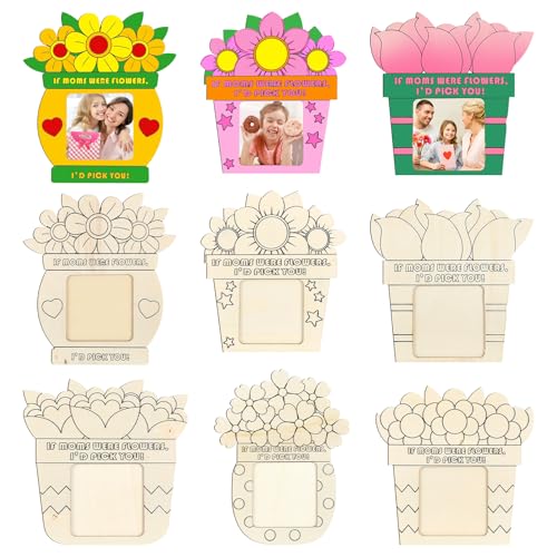 Menkxi 24 Pcs Color Your Own Wood Mothers Day Frame Flowers DIY Craft Kits for Kids 6.69 x 7.09 Inch Picture Frame for Mothers Day Gifts from Daughter Son Kindergarten Photo Decor (Pattern)