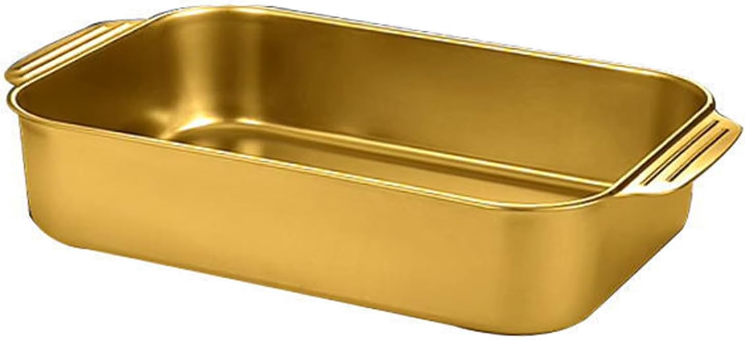 SVRITE Rectangular Fish Baking Pan Stainless Steel Roasting/Roaster Pan with Double Handle Lasagna Pan Baking Tray Vegetable Platter Oblong Metal Dish Plate, Oven & Dishwasher Safe (33cm,Gold)