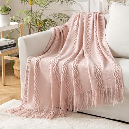 Image of MIULEE Light Pink Knitted Throw Blanket for Couch Bed, Boho Textured Cozy Woven Decorative Farmhouse Blanket with Tassels for Sofa Chair Living Room 50"x60"