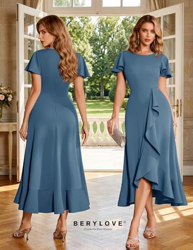 Image of BeryLove Women Formal Party Dress Flutter Short Sleeve Wedding Cocktail Long Evening Dress