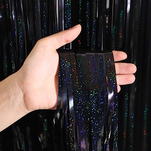 Image of 4 Pack Black Foil Fringe Curtains, Slmeno Glitter Black Tinsel Backdrop 3.3x8.2ft, Metallic Fringe Backdrop Party Streamers for Birthday Halloween Christmas New Years Graduation Party Decorations