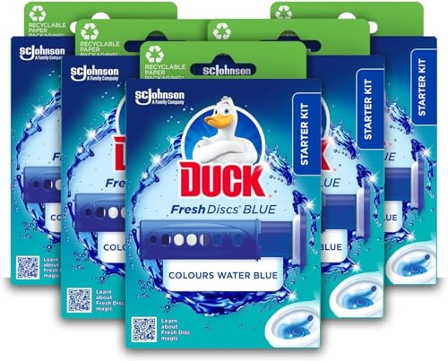 Duck Fresh Discs Blue Toilet Cleaner Starter Kit, Fights Stains That Harbour Germs, Prevents Limescale Build Up, Blue Water Effect, Azure Lagoon, Pack of 5 (Each Kit contains 1 Holder + 1 Refill Tube)