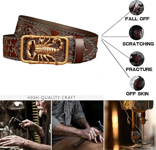Men's Western Ratchet Belt - Floral Engraved Embossed Strap With Gold Scorpion Automatic Buckle For Jeans3