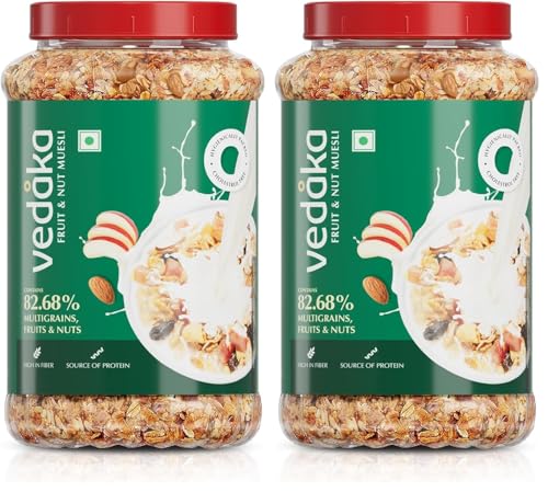 Image of Amazon Brand - Vedaka Fruit and Nut Muesli 1 kg Jar | Contains 82.68% Fruits, Nuts & Multigrains | High in Fiber | Source of Protein | Breakfast Cereal (Pack of 2)