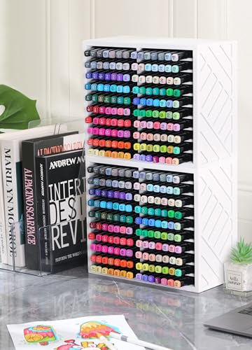 Image of Bamboo Marker Organizer for Desk, Marker Storage Organizer for 140 Markers,Pens, Pencils and Art Brushes,Wooden marker holder for Home, Classroom and Office Decor, White
