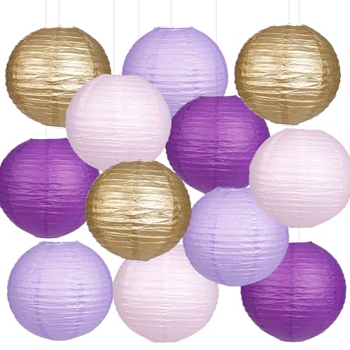 YUNXUAN Paper Lanterns Purple Gold Round Hanging Chinese Lanterns for Birthday Baby Shower Bachelorette Party Decorations Pack of 12